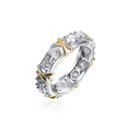 Anillo De Zirconia Para Mujer Con Diseño Cruzado Bicolor De Latón Y Acero