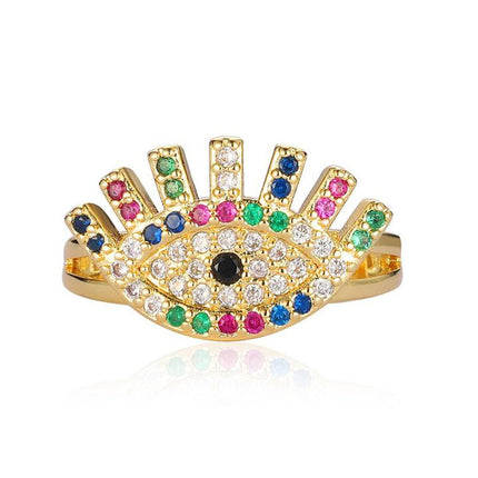 Anillo Con Diseño De Ojo Maligno Con Diamantes De Cobre Chapado En Oro 14K