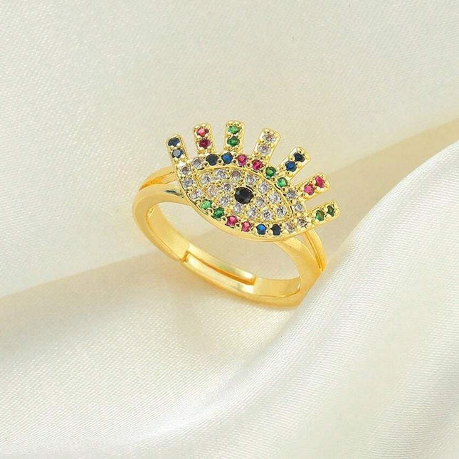 Anillo Con Diseño De Ojo Maligno Con Diamantes De Cobre Chapado En Oro 14K