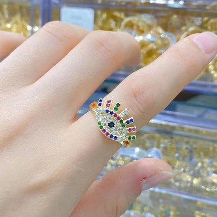 Anillo Con Diseño De Ojo Maligno Con Diamantes De Cobre Chapado En Oro 14K
