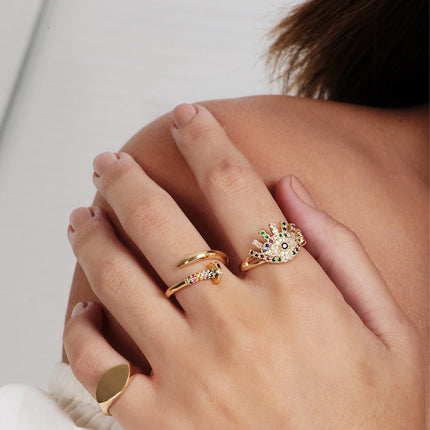 Anillo Con Diseño De Ojo Maligno Con Diamantes De Cobre Chapado En Oro 14K
