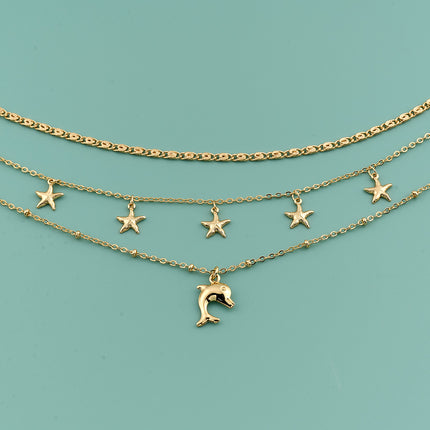 Collar Multicapa De Cobre Con Colgante De Delfín Y Estrella De Lujo Leve De Moda