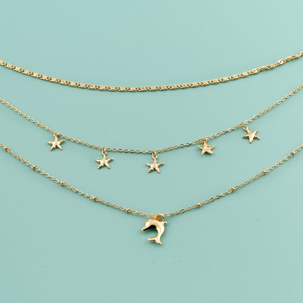Collar Multicapa De Cobre Con Colgante De Delfín Y Estrella De Lujo Leve De Moda