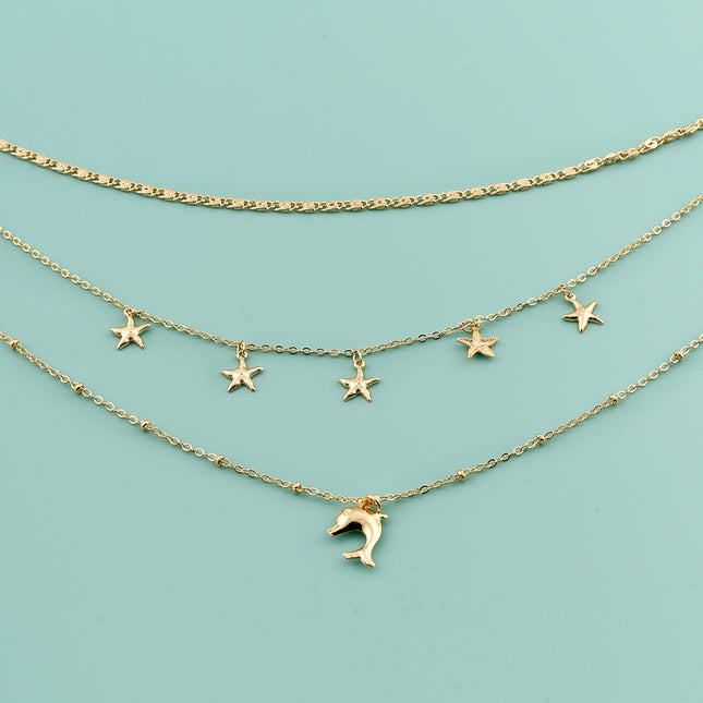 Collar Multicapa De Cobre Con Colgante De Delfín Y Estrella De Lujo Leve De Moda