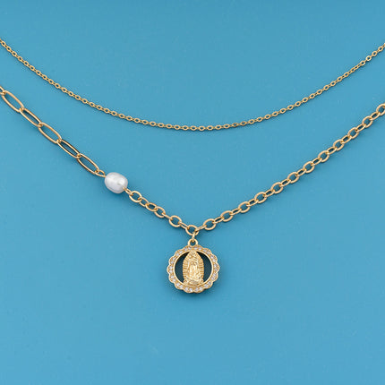 Collar De Doble Capa De Lujo Leve De Moda Con Colgante Redondo Con Diamantes Para Mujer