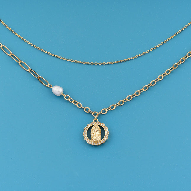 Collar De Doble Capa De Lujo Leve De Moda Con Colgante Redondo Con Diamantes Para Mujer