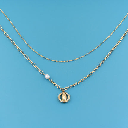 Collar De Doble Capa De Lujo Leve De Moda Con Colgante Redondo Con Diamantes Para Mujer