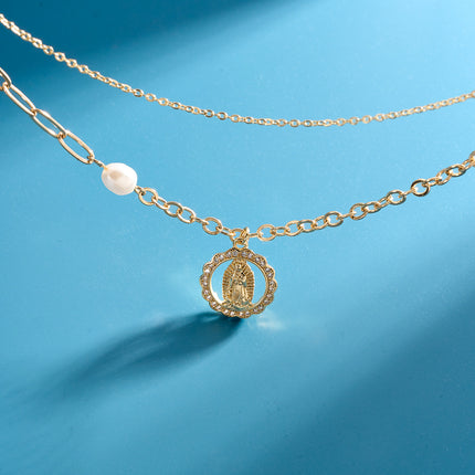 Collar De Doble Capa De Lujo Leve De Moda Con Colgante Redondo Con Diamantes Para Mujer