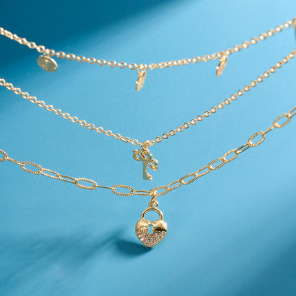 Collar De Tres Capas Con Colgante De Cerradura De Corazón De Lujo Ligero A La Moda