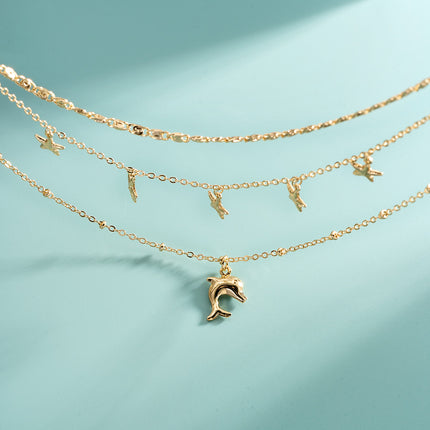 Collar Multicapa De Cobre Con Colgante De Delfín Y Estrella De Lujo Leve De Moda