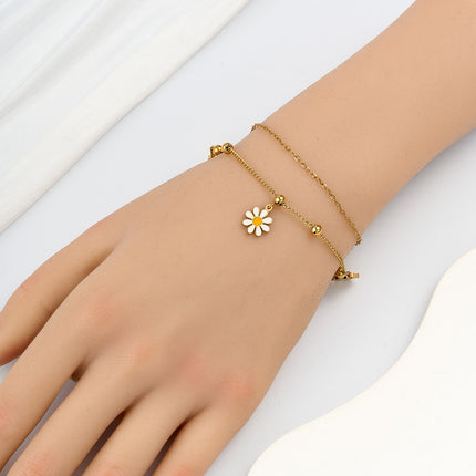 Pulsera De Acero Inoxidable Con Colgante De Flor Y Bolas Metálicas