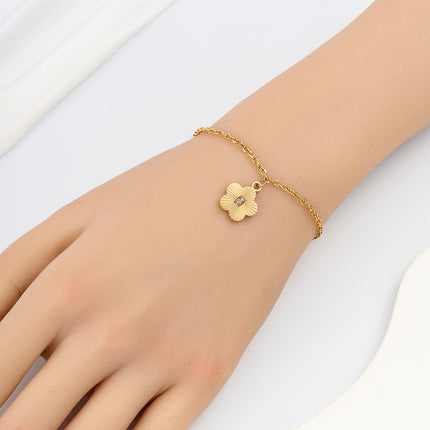 Pulsera De Cadena Acero Inoxidable Con Flor Y Circon Rectangular