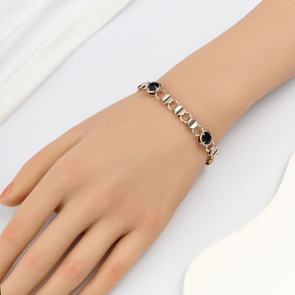 Pulsera De Cadena Metálica Con Cristales Negros Para Mujer