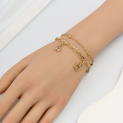 Pulsera De Cadena Con Manzana Y Cereza Hueca Con Zirconia Acero Inoxidable