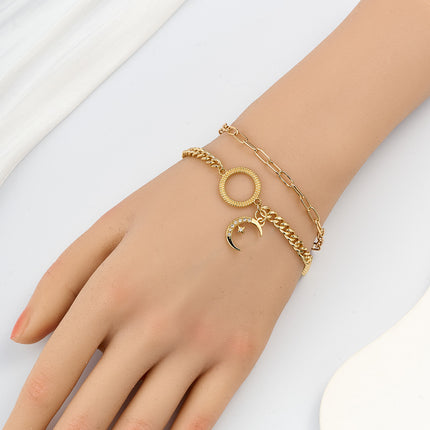 Pulsera De Cadena Con Luna Y Círculo Incrustado De Zirconia Para Mujer
