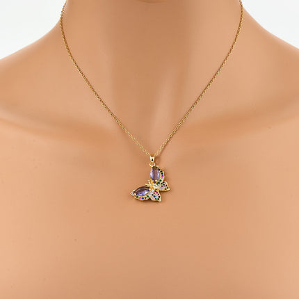 Collar De Cadena De Cobre Con Colgante De Mariposa Colorido De Diamante De Imitación Casual
