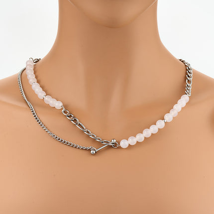 Collar De Doble Capa De Cadena De Cuentas De Perla De Lujo Y Acero Inoxidable Ligero De Moda