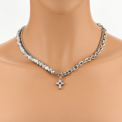 Collar De Media Cadena De Acero Inoxidable Media De Perla Con Cruzada A La Moda