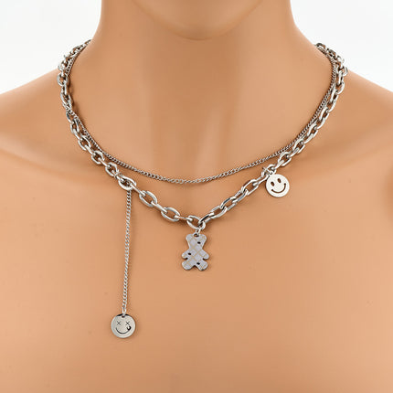 Cadena De Doble Capa Con Colgante Multitesoro De Cara Sonriente Y Oso Personalizado De Moda