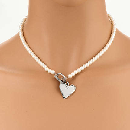 Collar De Perla Elegante Con Cadena Con Colgante De Corazón De Acero Inoxidable De Moda