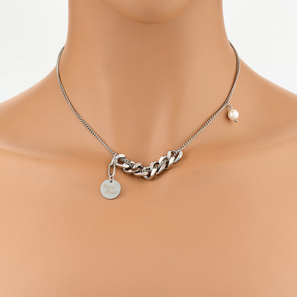 Collar De Acero Inoxidable Con Colgante De Perla Con Marca Redonda De Lujo Pequeño Ligero