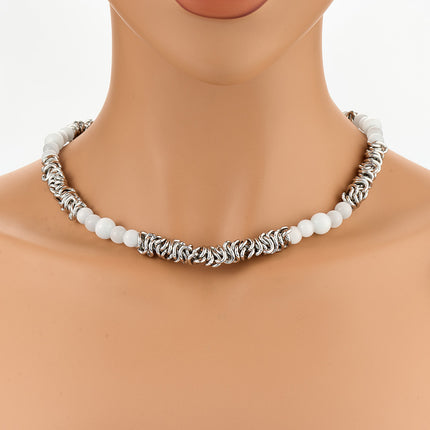 Collar Hermoso De Acero Inoxidable Simple Con Bolas De Ágata Blanca De Moda