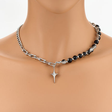 Collar Con Estrella Cruzada De Cadena De Media Cuenta Media Acero Inoxidable De Estilo INS