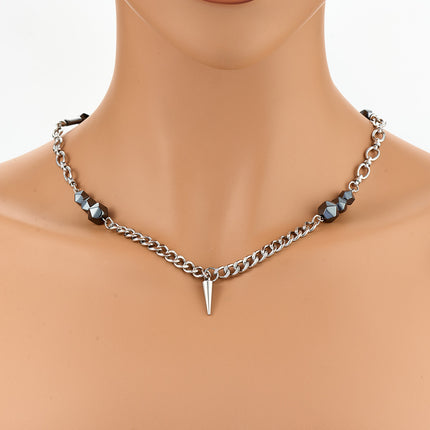 Collar De Acero Inoxidable Con Piedras Negras De Múltiples Caras De Moda Con Colgante Puntiagudo