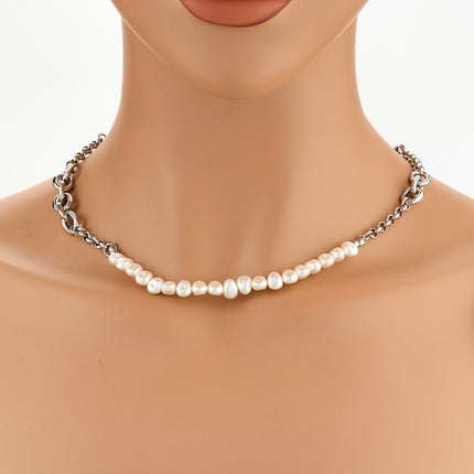 Collar Con Perlas De Cadena De Acero Inoxidable Con Hebilla De Anillo De Lujo Leve De Moda