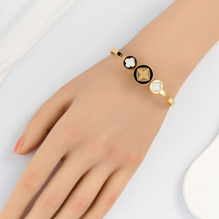 Pulsera Brazalete De Acero Inoxidable Con Trébol Liso y Discos