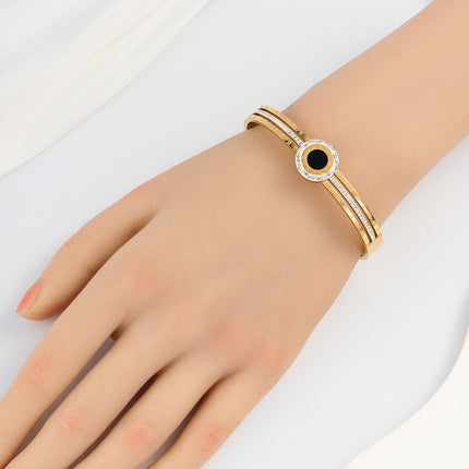 Pulsera Brazalete De Acero Inoxidable Con Disco Negro Y De Zirconias