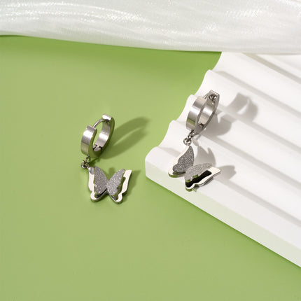 Aretes De Acero Titanio Con Diseño De Mariposa De Doble Capa Elegante