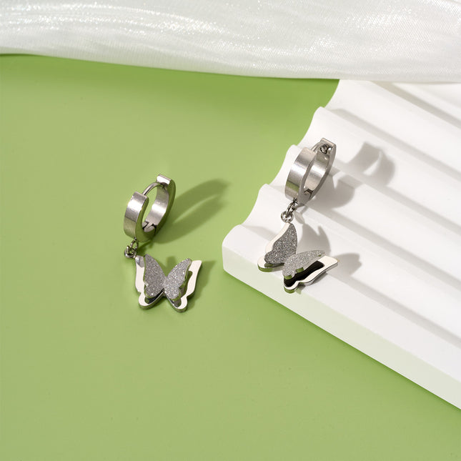 Aretes De Acero Titanio Con Diseño De Mariposa De Doble Capa Elegante