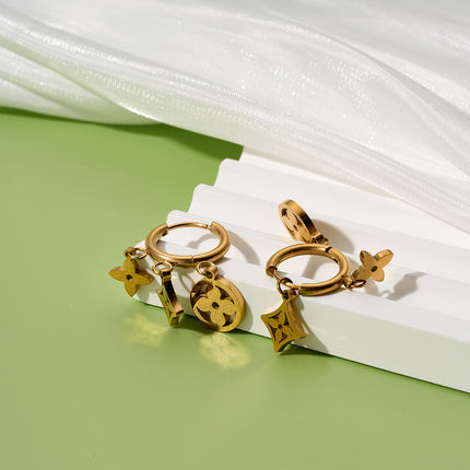 Aretes Elegante De Trébol De Cuatro Hojas Huecos Geométricos Chapados En Oro 18K