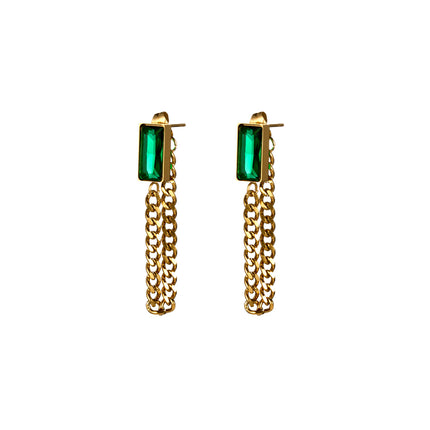 Aretes Largos Vintage Con Incrustaciones De Circón Verdes En Acero
