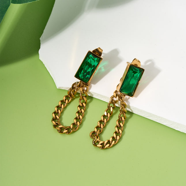 Aretes Largos Vintage Con Incrustaciones De Circón Verdes En Acero