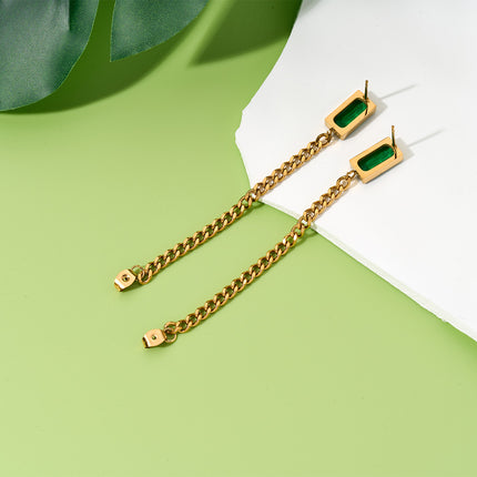 Aretes Largos Vintage Con Incrustaciones De Circón Verdes En Acero