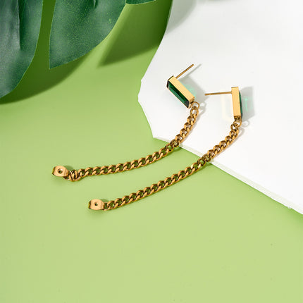 Aretes Largos Vintage Con Incrustaciones De Circón Verdes En Acero