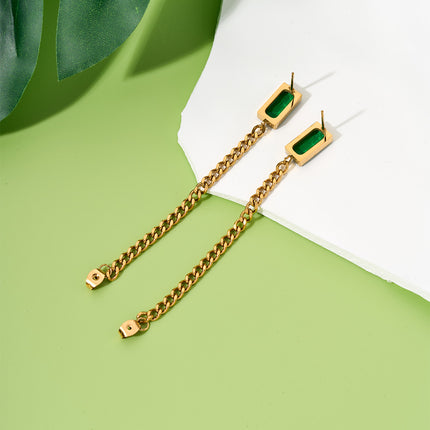 Aretes Largos Vintage Con Incrustaciones De Circón Verdes En Acero