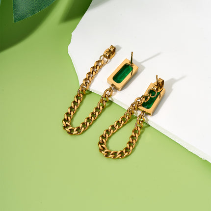 Aretes Largos Vintage Con Incrustaciones De Circón Verdes En Acero