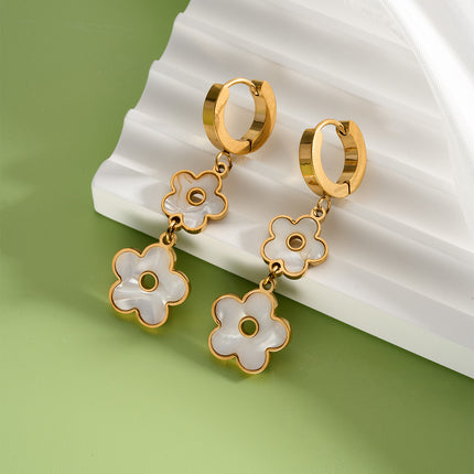 Aretes Largos Con Colgantes De Flores De Cinco Pétalos Acero De Titanio
