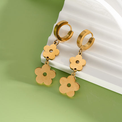 Aretes Largos Con Colgantes De Flores De Cinco Pétalos Acero De Titanio