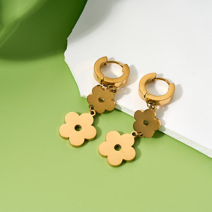 Aretes Largos Con Colgantes De Flores De Cinco Pétalos Acero De Titanio