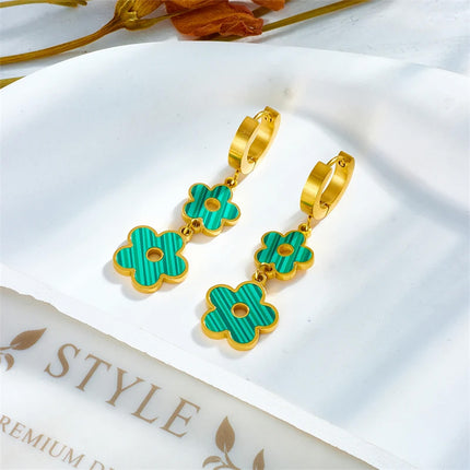 Aretes Largos Con Colgantes De Flores De Cinco Pétalos Acero De Titanio