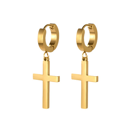 Pendientes Largos En Oro 18K Con Colgante De Cruz Clásico, Diseño Sencillo