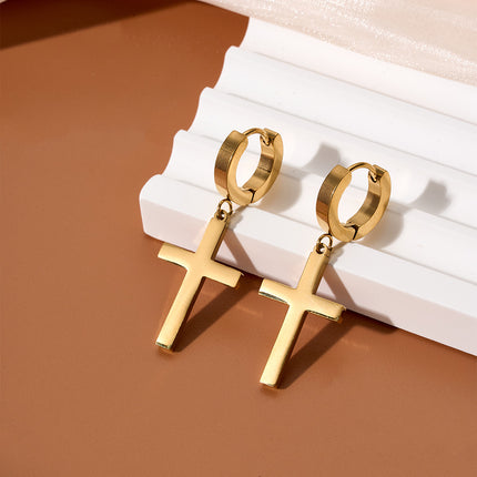 Pendientes Largos En Oro 18K Con Colgante De Cruz Clásico, Diseño Sencillo