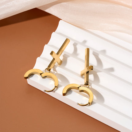 Pendientes Largos En Oro 18K Con Colgante De Cruz Clásico, Diseño Sencillo