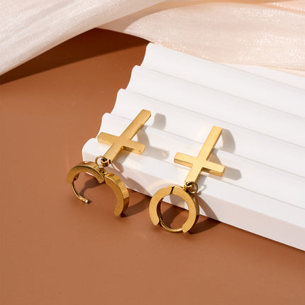Pendientes Largos En Oro 18K Con Colgante De Cruz Clásico, Diseño Sencillo