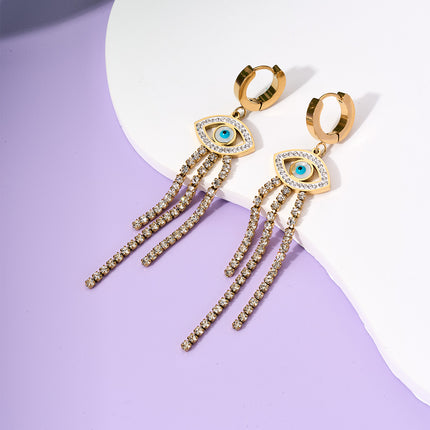 Aretes Largos Con Ojo De Demonio Con Flecos De Zirconia Acero De Titanio