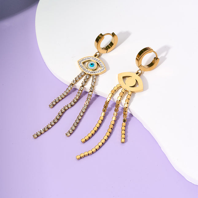 Aretes Largos Con Ojo De Demonio Con Flecos De Zirconia Acero De Titanio